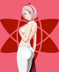Rule 34 | 1girl, artist request, ass, breasts, closed mouth, female focus, from behind, green eyes, haruno sakura, highres, huge ass, looking at viewer, looking back, naruto, naruto (series), pants, pink hair, short hair, source request, standing, thick thighs, thighs, topless, wide hips
