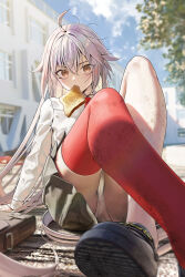 Rule 34 | 1girl, black skirt, bread, bread slice, breasts, brown eyes, fate/grand order, fate (series), food, grey hair, highres, jeanne d&#039;arc alter (avenger) (fate), jeanne d&#039;arc alter (fate), large breasts, long sleeves, looking at viewer, mouth hold, nanaken nana, red thighhighs, shirt, short hair, single thighhigh, sitting, skirt, solo, thighhighs, toast, white shirt