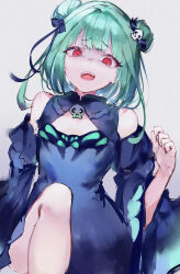 Rule 34 | 1girl, angry, animal print, aqua hair, blue dress, blue ribbon, blue sleeves, brooch, butterfly print, clenched hand, detached collar, detached sleeves, double bun, dress, grey background, hair bun, hair ornament, hair ribbon, highres, hololive, jewelry, juliet sleeves, long sleeves, looking at viewer, medium hair, mile (off8mile), open mouth, puffy sleeves, red eyes, ribbon, short dress, sidelocks, skull brooch, skull hair ornament, solo, strapless, strapless dress, uruha rushia, uruha rushia (1st costume), virtual youtuber, wide sleeves