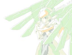 Rule 34 | 1girl, armored core, female focus, from software, green hair, hier, mecha musume, solo, standing, white background