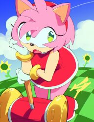Rule 34 | 1girl, aetherion, amy rose, animal nose, bracelet, cloud, dress, flower, furry, furry female, gloves, green eyes, hairband, hammer, highres, jewelry, leaning forward, open mouth, red dress, red hairband, sky, solo, sonic (series), white gloves