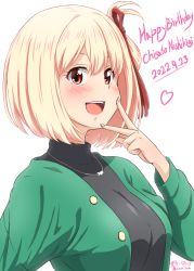 Rule 34 | 1girl, black shirt, blonde hair, bob cut, character name, commentary request, dated, diesel-turbo, green jacket, hair ribbon, happy birthday, highres, jacket, lycoris recoil, nishikigi chisato, red eyes, red ribbon, ribbon, shirt, short hair, simple background, smile, solo, upper body, white background