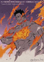 Rule 34 | 1boy, abs, bara, beard, black hair, boku no hero academia, completely nude, facial hair, fiery hair, fire, large pectorals, male focus, mature male, muscular, muscular male, navel, nude, ono (ohno ha), pectorals, short hair, sideburns, smoke, solo, spiked hair, spot color, endeavor (boku no hero academia), upper body