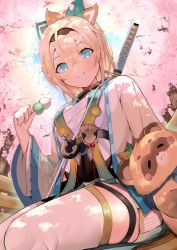 Rule 34 | 1girl, absurdres, blonde hair, blue eyes, breasts, cherry tree, chest sarashi, crossed bangs, dango, food, hair between eyes, hair ornament, haori, highres, hololive, japanese clothes, katana, kazama iroha, leaf hair ornament, leaning on person, long hair, looking at viewer, looking down, mugicho (kdks5554), on bench, outdoors, pokobee, ponytail, sanshoku dango, sarashi, sheath, sheathed, sitting, smile, sword, thigh strap, thighhighs, virtual youtuber, wagashi, weapon, weapon on back, white thighhighs, wide sleeves