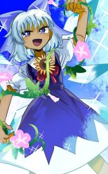 Rule 34 | 1girl, :d, blue bow, blue dress, blue eyes, blue hair, bow, bright pupils, cirno, detached wings, dress, flower, hair bow, ice, ice wings, ichirugi, looking at viewer, open mouth, pinafore dress, pink flower, shirt, short hair, short sleeves, sleeveless dress, smile, solo, sunflower, tan, tanned cirno, touhou, white pupils, white shirt, wings