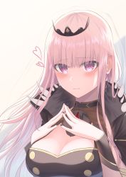 Rule 34 | 1girl, black nails, blush, bracer, breasts, cleavage, commentary, eyebrows hidden by hair, felix (felix09988192), hair behind ear, highres, hololive, hololive english, large breasts, long hair, mori calliope, nail polish, own hands together, pink hair, solo, tiara, veil, virtual youtuber