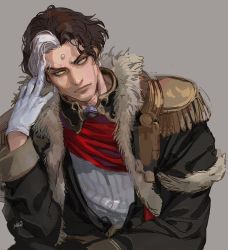 Rule 34 | 1boy, big mogong, black coat, brown hair, coat, commentary request, emet-selch, epaulettes, final fantasy, final fantasy xiv, finger to head, fringe trim, fur-trimmed coat, fur trim, garlean, gloves, grey background, hand up, korean commentary, looking to the side, male focus, multicolored hair, realistic, short hair, signature, simple background, solo, streaked hair, third eye, two-tone hair, upper body, white gloves, white hair, yellow eyes
