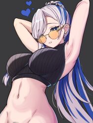 Rule 34 | 1girl, absurdres, armpits, arms behind head, arms up, blue hair, breasts, colored inner hair, coubalty, crop top, female pubic hair, grey hair, highres, hololive, hololive indonesia, jewelry, large breasts, long hair, looking at viewer, midriff, multicolored hair, navel, official alternate costume, orange-tinted eyewear, pavolia reine, pavolia reine (streetwear), presenting armpit, pubic hair, pubic hair peek, smile, solo, stomach, streaked hair, tinted eyewear, virtual youtuber