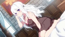 Rule 34 | ahoge, bed, bedroom, breasts, closed mouth, inma, large breasts, lingerie, long hair, nipples, non-web source, on bed, purple eyes, sakura mmo, see-through, seiza, sitting, thong, underwear, viola (sakura mmo), white hair