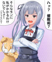 Rule 34 | 1girl, 1other, belt, brown eyes, coin, commentary request, creatures (company), crossed arms, crossover, dress, game freak, gen 1 pokemon, gradient background, grey hair, hypno, kantai collection, kasumi (kancolle), long hair, long sleeves, name connection, neck ribbon, nintendo, open mouth, pinafore dress, pokemon, pokemon (creature), purple background, red ribbon, remodel (kantai collection), ribbon, shirt, side ponytail, sleeveless dress, translation request, upper body, white shirt, zanntetu