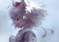 Rule 34 | 1girl, animal ears, close-up, detached sleeves, expressionless, female focus, hat, inubashiri momiji, japanese clothes, matsuda (matsukichi), messy hair, pom pom (clothes), profile, red eyes, short hair, simple background, solo, tassel, tokin hat, touhou, upper body, white hair, wolf ears