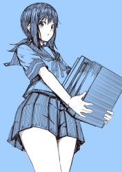 Rule 34 | 10s, 1girl, blue background, blue theme, commentary request, fubuki (kancolle), kantai collection, kouji (campus life), low ponytail, monochrome, open mouth, pleated skirt, school uniform, serafuku, short hair, short ponytail, short sleeves, simple background, sketch, skirt, solo