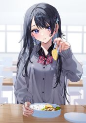 Rule 34 | 1girl, black hair, blue eyes, blurry, blurry background, blush, bow, bowtie, check copyright, chigusa minori, chopsticks, collared shirt, commentary request, copyright request, food, highres, indoors, jitsu wa imouto deshita., long sleeves, looking at viewer, parted lips, red bow, red bowtie, shirt, solo