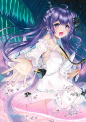 Rule 34 | 1girl, absurdres, ahoge, azur lane, breasts, detached sleeves, dress, highres, long hair, looking at viewer, marker (medium), medium breasts, outstretched arm, purple eyes, purple hair, retrofit (azur lane), short dress, solo, traditional media, unicorn (azur lane), whipberry, white dress