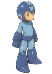 Rule 34 | 1boy, absurdres, blue bodysuit, blue eyes, blue gloves, blue legwear, blush, bodysuit, boots, closed mouth, commentary request, dot nose, elbow gloves, feral lemma, frown, full body, gloves, helmet, highres, male focus, mega man (character), mega man (classic), mega man (series), shadow, simple background, solo, standing, tareme, white background