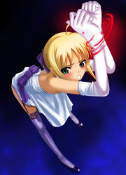 Rule 34 | 00s, 40010prototype, ahoge, artoria pendragon (all), artoria pendragon (fate), bent over, blonde hair, blush, dress, elbow gloves, fate/stay night, fate (series), garter belt, gloves, green eyes, official alternate costume, ribbon, saber (fate), solo, thighhighs