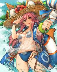 Rule 34 | 1girl, :d, bikini, blue bikini, blue sky, blush, breasts, brown eyes, cloud, day, ears through headwear, fate/grand order, fate (series), flower, hand up, hat, hat flower, highres, holding, kotoribako, large breasts, leaf, looking at viewer, open mouth, outdoors, parted lips, pink hair, red flower, salute, see-through, shirt, side-tie bikini bottom, sky, smile, solo, standing, straw hat, sunflower, swimsuit, tamamo (fate), tamamo no mae (fate/extra), tamamo no mae (swimsuit lancer) (fate), tamamo no mae (swimsuit lancer) (second ascension) (fate), wading, water, wristband