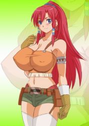Rule 34 | 10s, 1girl, bellows (suisei no gargantia), belt, blue eyes, blush, breasts, cleavage, covered erect nipples, earrings, firewarstorm, huge breasts, jewelry, large breasts, long hair, no bra, red hair, short shorts, shorts, sidelocks, smile, suisei no gargantia, tan, thighhighs, thighs, white thighhighs, zoom layer