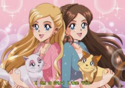 Rule 34 | 1990s (style), 2girls, animal, animification, anneliese (barbie), back-to-back, barbie (character), barbie (franchise), barbie as the princess and the pauper, barbie movies, blonde hair, blue dress, blue eyes, braid, brenni murasaki, brown hair, caption, cat, choker, dress, erika (barbie), holding, holding animal, holding cat, jewelry, long hair, multiple girls, necklace, pink dress, princess and the pauper, retro artstyle, yuri