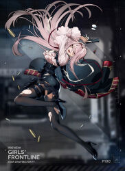 Rule 34 | 1girl, ass, asymmetrical shirt, belt, black belt, black footwear, black gloves, black jacket, black pantyhose, black skirt, breasts, bullet, commentary, cz p-10 c, english commentary, fingerless gloves, frilled sleeves, frills, full body, girls&#039; frontline, glasses, gloves, gun, hair down, handgun, high-waist skirt, high heels, holding, holding gun, holding weapon, jacket, jacket on shoulders, large breasts, long hair, looking at viewer, lower teeth only, midair, ninahachi, official art, open mouth, p10c (girls&#039; frontline), pantyhose, pink hair, pink shirt, pouch, promotional art, red jacket, round eyewear, second-party source, shirt, single glove, single sleeve, skirt, smile, solo, teeth, thigh pouch, torn clothes, torn pantyhose, torn shirt, torn skirt, trigger discipline, two-sided fabric, two-sided jacket, unworn eyewear, very long hair, weapon, yellow eyes
