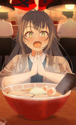 1girl 2boys :o antenna_hair coat commentary_request drooling food gakuen_idolmaster grey_coat hair_flaps highres idolmaster indoors long_hair looking_at_food mouth_drool multiple_boys noodles own_hands_together palms_together ramen restaurant sitting solo_focus sparkling_eyes steam tsukimura_temari very_long_hair yui081