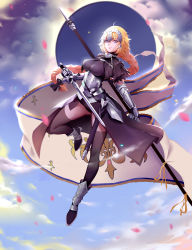 Rule 34 | 1girl, absurdres, ahoge, armor, armored dress, banner, black thighhighs, blonde hair, braid, breasts, dual wielding, fate/grand order, fate (series), faulds, floating, full body, gauntlets, greaves, headpiece, highres, holding, jeanne d&#039;arc (fate), jeanne d&#039;arc (ruler) (fate), jeanne d&#039;arc alter (fate), large breasts, long hair, petals, polearm, reverse grip, single braid, solo, sword, thighhighs, thighs, very long hair, weapon, zhano kun
