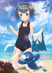 Rule 34 | &gt;o&lt;, 1girl, absurdres, akamizuki (akmzk), bare arms, bare legs, beach, black hair, blue eyes, blue sky, blush, breasts, bubble, blowing bubbles, bubble pipe, closed eyes, closed mouth, cloud, cloudy sky, collarbone, corsola, covered navel, creatures (company), day, feet, flower, flower on head, game freak, gen 2 pokemon, gen 7 pokemon, hair flower, hair ornament, hair ribbon, hairband, highres, holding, holding clothes, kneeling, lana (pokemon), looking at viewer, nintendo, ocean, one-piece swimsuit, open mouth, outdoors, partially submerged, pokemon, pokemon (creature), pokemon sm, popplio, pyukumuku, ribbon, sand, school swimsuit, short hair, sky, small breasts, smile, swimsuit, water