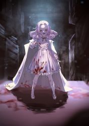 Rule 34 | 1boy, aged down, alternate costume, androgynous, black ribbon, blood, blood on clothes, blood on face, building, child, collar, curly hair, cuso4 suiwabutu, demon boy, dress, fate/grand order, fate (series), forehead, frilled collar, frilled dress, frills, highres, lab coat, long sleeves, mary janes, mephistopheles (fate), night, outdoors, oversized clothes, parted bangs, puffy long sleeves, puffy sleeves, ribbon, road, shoes, socks, street, white dress, white legwear