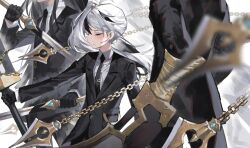 Rule 34 | 3boys, ahoge, black gloves, black hair, black jacket, black necktie, chain, closed eyes, closed mouth, collared shirt, earpiece, esther (project moon), gloves, highres, holding, holding sword, holding weapon, hubert (project moon), jacket, library of ruina, long hair, maratang, microphone, multicolored hair, multiple boys, necktie, project moon, shirt, side ponytail, streaked hair, sword, tie clip, very long hair, weapon, white hair, white shirt, yan vismok
