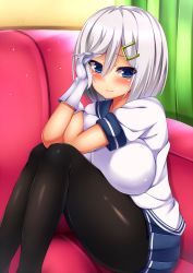 Rule 34 | 10s, 1girl, adjusting hair, black pantyhose, blue eyes, blush, breasts, couch, curtains, female focus, gloves, hair ornament, hairclip, hamakaze (kancolle), kantai collection, knees to chest, large breasts, legs up, looking at viewer, pantyhose, pleated skirt, school uniform, serafuku, short hair, silver hair, sitting, skirt, smile, solo, uniform, white gloves, yahiro (anhnw)