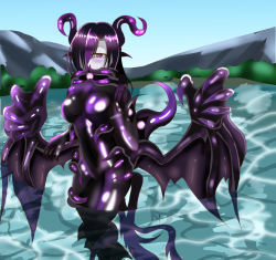 Rule 34 | 1girl, atuba, black hair, blush, bodysuit, breasts, claws, covered mouth, cthulhu mythos, demon girl, hair over one eye, highres, horns, lake, large breasts, monster girl, monster girl encyclopedia, mountain, multicolored hair, night gaunt (monster girl encyclopedia), pale skin, purple bodysuit, purple eyes, solo, demon girl, tail, taut clothes, tentacles, wings