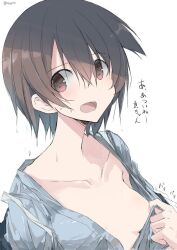 Rule 34 | 1girl, blush, breasts, brown hair, clothes pull, collarbone, dot nose, female focus, hair between eyes, looking at viewer, lowres, miyanaga saki, open clothes, open mouth, portrait, pulling own clothes, qqqbb (pixiv2905012), red eyes, saki (manga), short hair, sideways glance, simple background, small breasts, smile, solo, sweat, tareme, teasing, tongue, translation request, wet, wet hair, white background