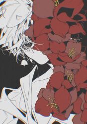 Rule 34 | 1boy, bell, bell earrings, chromatic aberration, covered mouth, earrings, flower, flower over eye, highres, jewelry, looking at viewer, male focus, mole, mole under eye, one eye covered, original, partially colored, portrait, red flower, robe, short hair, simple background, solo, wenyiyuuuuu