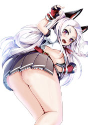 Rule 34 | 1girl, animal ears, ass, azur lane, bad id, bad pixiv id, belt, black gloves, black skirt, blush, braid, breasts, claw pose, commentary request, crop top, crop top overhang, crost, dog ears, fake animal ears, fang, fingerless gloves, from behind, gloves, highres, large breasts, looking at viewer, looking back, medium breasts, open mouth, pleated skirt, puffy short sleeves, puffy sleeves, red eyes, short sleeves, simple background, single braid, skirt, slit pupils, solo, thick eyebrows, thighs, twisted torso, underboob, wavy mouth, white background, white hair, yuudachi (azur lane)