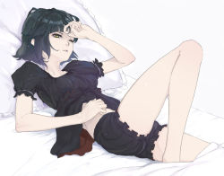 Rule 34 | 10s, 1girl, bare legs, bed, black bloomers, black hair, bloomers, dark precure, heartcatch precure!, lying, night clothes, on back, one eye closed, pillow, precure, short hair, solo, underwear, wink, yamaishi (mukoubuti), yellow eyes