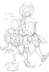 Rule 34 | &gt; &lt;, 1girl, :d, > <, androgynous, armor, capelet, cat, chainmail, gauntlets, gem, greaves, hat, holding, jumping, lineart, looking at another, lunastra (armor), melynx, monochrome, monster hunter (series), nishihara isao, open mouth, short hair, simple background, smile, walking, xd