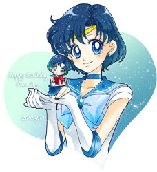 Rule 34 | 2girls, bishoujo senshi sailor moon, blue bow, blue eyes, blue hair, blue neckwear, blue sailor collar, blue skirt, bow, brooch, character name, chibi, circlet, closed mouth, dated, dual persona, earrings, elbow gloves, gloves, happy birthday, jewelry, juuban middle school uniform, looking at viewer, magical girl, mini person, minigirl, mizuno ami, multiple girls, pleated skirt, red bow, sailor collar, sailor mercury, sarashina kau, school uniform, serafuku, short hair, skirt, smile, socks, white gloves