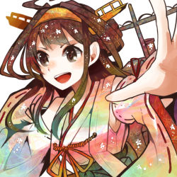 Rule 34 | 10s, 1girl, bare shoulders, blush, brown eyes, brown hair, detached sleeves, double bun, hair ornament, hairband, headgear, itomugi-kun, japanese clothes, kantai collection, kongou (kancolle), long hair, nontraditional miko, open mouth, personification, skirt, smile, solo