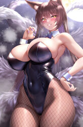 Rule 34 | 1girl, animal ears, azur lane, bare shoulders, black leotard, blush, bow, bowtie, breasts, brown hair, covered navel, detached collar, fishnet pantyhose, fishnets, fox ears, fox tail, grin, hand on own hip, highres, huge breasts, large breasts, leotard, long hair, looking at viewer, multiple tails, musashi (azur lane), nail polish, pantyhose, playboy bunny, purple bow, purple bowtie, purple nails, shiny clothes, smile, solo, studiopokotan, tail, veins, veiny breasts, wrist cuffs, yellow eyes