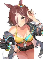 Rule 34 | 1girl, animal ears, bare shoulders, black jacket, black shorts, breasts, brown eyes, cleavage, elma07, hair over one eye, highres, horse ears, horse girl, jacket, leaning forward, long hair, looking at viewer, open mouth, shirt, shorts, simple background, sketch, solo, stopwatch, stopwatch around neck, thighs, umamusume, vodka (umamusume), white background, yellow eyes, yellow shirt