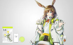 Rule 34 | 1girl, absurdres, amiya (arknights), amiya (planter) (arknights), animal ears, arknights, backpack, bag, blue eyes, brown hair, closed mouth, clothes writing, coat, commentary, ears through headwear, flower, green vest, hair ornament, hand up, hat, highres, holding vase, jewelry, jia redian ruzi ruzi, long hair, looking at viewer, necklace, no headwear, official alternate costume, rabbit ears, rhodes island logo (arknights), shirt, simple background, smile, solo, upper body, vest, waving, white background, white bag, white coat, white flower, white shirt