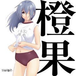 1girl better_girls breasts brown_buruma brown_eyes buruma character_name character_request closed_mouth cowboy_shot dated floating_hair gym_uniform hair_between_eyes hair_over_one_eye long_hair looking_at_viewer medium_breasts midriff navel ryouzou shirt signature silver_hair sleeves_rolled_up solo standing stomach white_background white_shirt