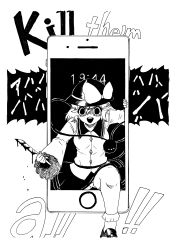 Rule 34 | 1girl, :d, absurdres, blood, bloody knife, bow, cellphone, empty eyes, english text, greyscale, hair between eyes, hat, hat bow, highres, himajin noizu, holding, holding knife, knife, komeiji koishi, loafers, long hair, looking at viewer, monochrome, open mouth, panties, phone, shaded face, shoes, short hair, skirt, smartphone, smile, solo, third eye, touhou, underwear