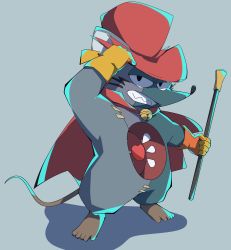 Rule 34 | 1boy, animal ears, cane, cape, ear tag, gloves, hat, heart, highres, hole on body, mad rat, mad rat dead, mouse (animal), mouse ears, mouse tail, ribs, stitches, tail, top hat