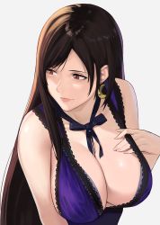Rule 34 | 1girl, black hair, blue dress, breasts, cleavage, collarbone, crescent, crescent earrings, crescent moon, dress, earrings, final fantasy, final fantasy vii, final fantasy vii remake, hands on own breasts, j@ck, jewelry, lace, lace-trimmed dress, lace trim, large breasts, long hair, looking at viewer, moon, purple dress, red eyes, simple background, sleeveless, sleeveless dress, solo, square enix, tifa lockhart, tifa lockhart (refined dress), wall market, white background