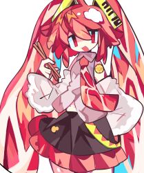 Rule 34 | 1girl, chopsticks, collared shirt, detached sleeves, food-themed clothes, food-themed hair, hair ornament, hatsune miku, highres, holding, holding chopsticks, long hair, long sleeves, looking at viewer, necktie, niku miku (nankai), open mouth, pokatan, raw meat, red eyes, red hair, shirt, skirt, sleeveless, sleeveless shirt, smile, solo, twintails, very long hair, vocaloid