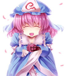 Rule 34 | 1girl, bad id, bad pixiv id, breasts, crying, dress, closed eyes, female focus, happy, japanese clothes, large breasts, pink hair, saigyouji yuyuko, short hair, smile, solo, tears, touhou, uiroutsuji yumihiko, upper body, white background