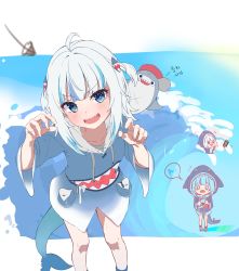 Rule 34 | 1girl, absurdres, ahoge, baseball cap, bloop (gawr gura), blue eyes, blush, chibi, chibi inset, claw pose, collarbone, feet out of frame, fins, fish tail, gawr gura, gawr gura (1st costume), gradient clothes, hat, highres, hololive, hololive english, long hair, looking at viewer, multicolored hair, red hat, shark tail, sharp teeth, silver hair, solo, sora (ecj5678), standing, streaked hair, tail, teeth, tidal wave, two side up, v-shaped eyebrows, virtual youtuber