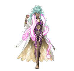 1girl absurdres apple aqua_hair blush bodysuit breasts closed_mouth coat collarbone commentary_request dark-skinned_female dark_skin earrings fingernails fire_emblem fire_emblem_heroes food fruit full_body gold_trim highres holding holding_food holding_fruit jewelry kozaki_yuusuke lips long_hair long_sleeves looking_at_viewer medium_breasts mole mole_under_mouth nail_polish nidhoggr_(fire_emblem) nintendo official_art open_clothes open_coat pelvic_curtain purple_eyes simple_background smile snake solo toenail_polish toenails toes white_background wide_sleeves