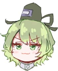 Rule 34 | 1girl, :3, black hat, blush, commentary request, green eyes, green hair, hat, head only, looking to the side, lowres, short hair, simple background, smug, soga no tojiko, solo, takana (forsterite), tate eboshi, touhou, v-shaped eyebrows, white background